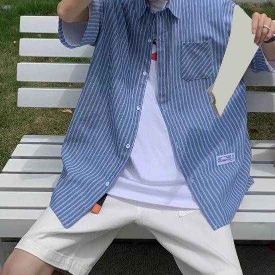 Летняя мужская рубашка с застежкой на пуговицы и воротником-лацканами в полоску, кардиган с короткими рукавами, свободный кардиган средней длины, повседневная одежда для офиса и бизнеса, топ