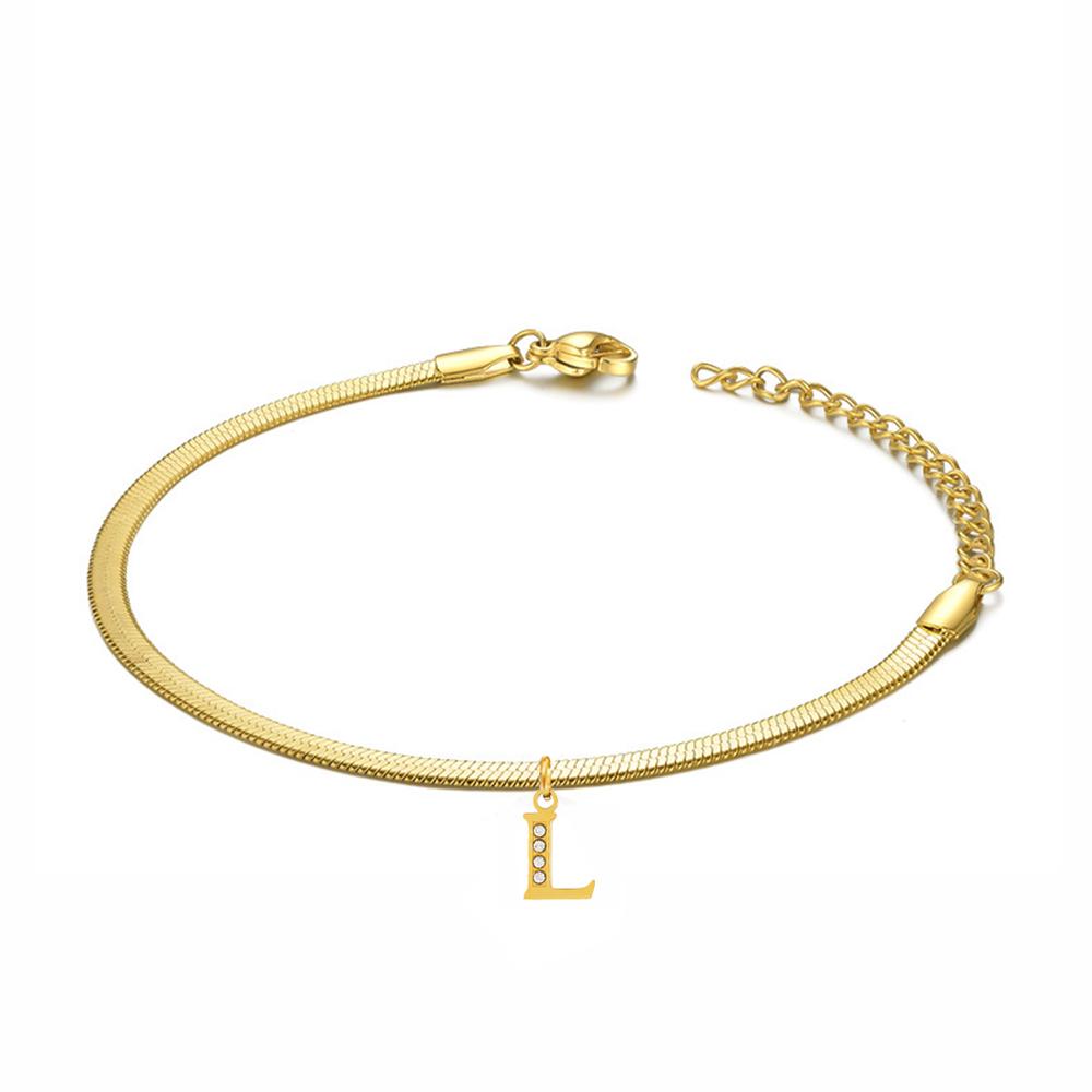 Punk 3mm Flat Snake Chain Bracelet Female Gold Color Stainless Steel Alphabet Initial Letter Charm Bracelet for Women Jewelry