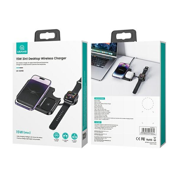 USAMS 3-in-1 Inductive Charger 15W Black CD190WXC01 (US-CD190)