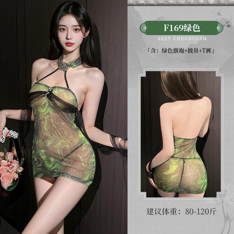 Snake uniform seductive snake sex underwear green bamboo perspective cheongsam neck dress hip skirt