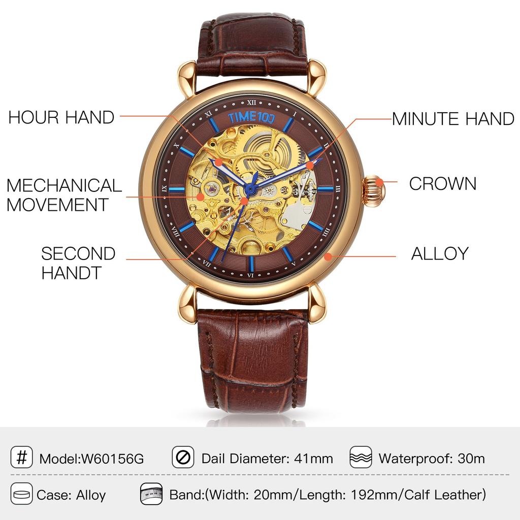 TIME100 Watch Mechanical Watch Waterproof Arm Watch Skeleton Watch Business Easy To Read Analog Stylish Gentleman Watch for Men Yellow Men's