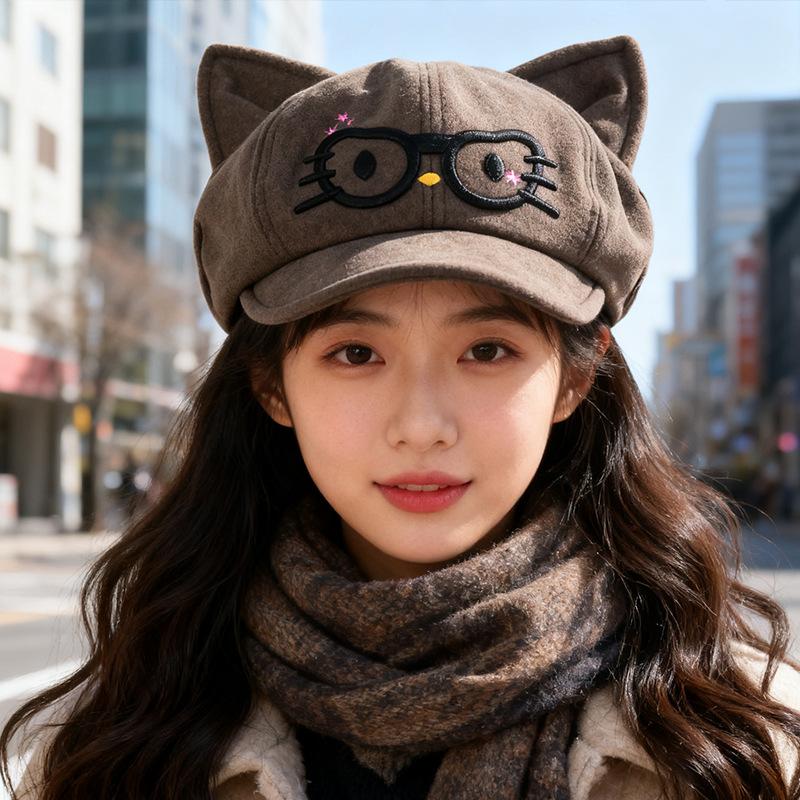 Осенне-зимний ретро-берет, женская восьмиугольная шляпа в японском стиле с милыми кошачьими ушками, большой окружности головы, подчеркивающая лицо, модная кепка газетчика