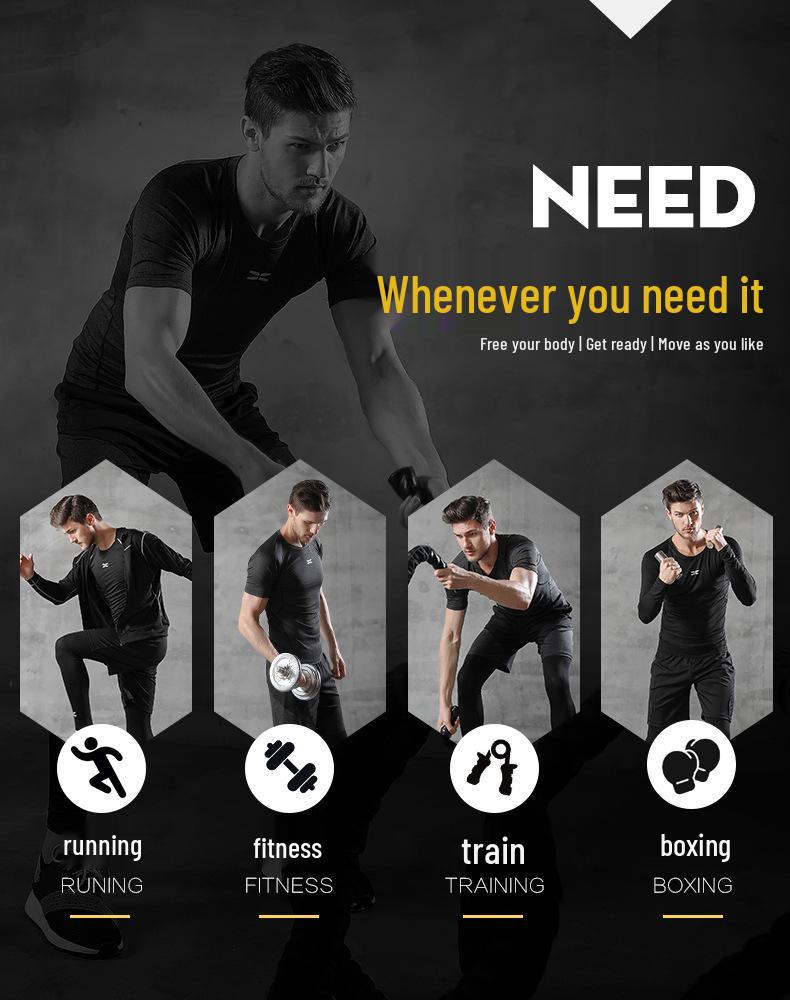 Мужской фитнес-костюм-пятерка черного цвета: Куртка, Короткий рукав, Футболка, Большой размер Спортивный костюм