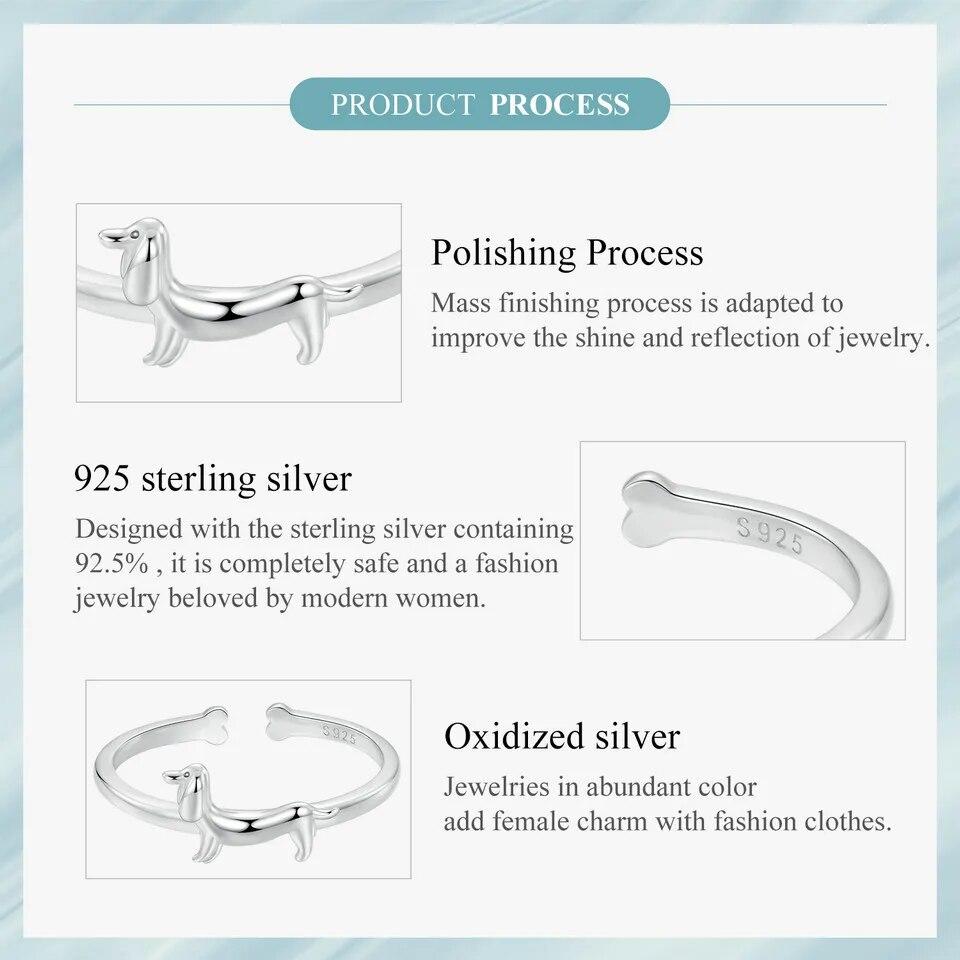 WOSTU Real 925 Sterling Silver Dachshund Open Ring For Women Pet Paw Adjustable Rings Fine Jewelry Gift For Fimaly Daughter