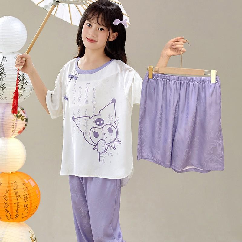 Girls Ice Silk Pajama Set Lightweight 3-Piece Chinese Style Sleepwear Kids Ages 8