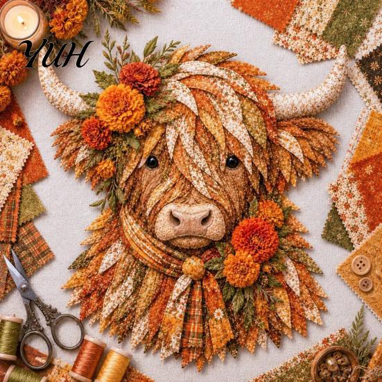 Highland Cow Sewing Kit 3D Layered Fabric Art DIY for Adults, Beginner-Friendly Collage Crafting Materials Quilt Craft Set, Handmade Farmhouse