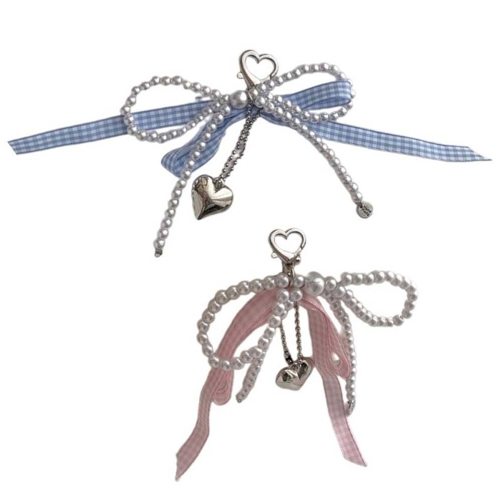 Pearl Plaid Ribbon Bow Key Chain Bag Pendant Phone Pendant Kawaii Balletcore Keychain  Bag Hanging