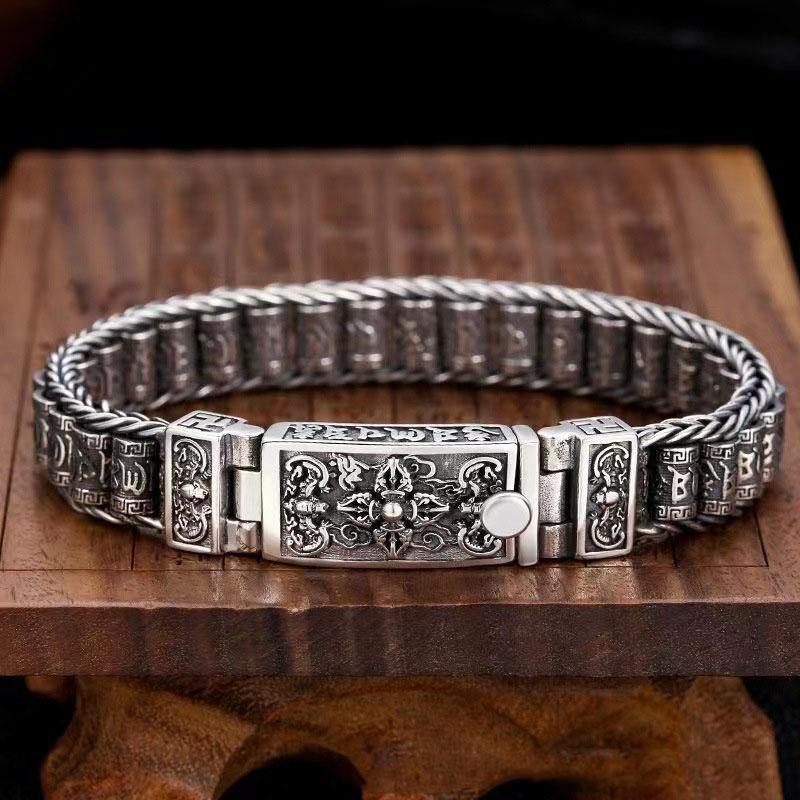 S925 тайский серебряный браслет ручной работы с паспарту, молитвенное колесо, мужские бусины, шесть символов, мантра, роскошный ретро