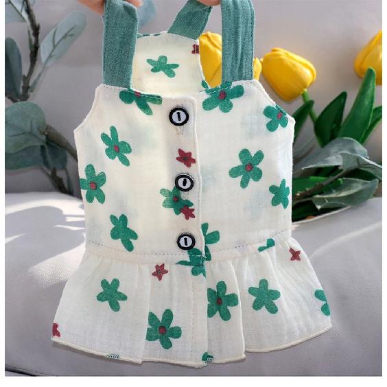 Pet Dress Summer Thin Cat Clothes Bichon Green Floral Strap Small and Medium sized Dog Breathable Skirt XS-XL