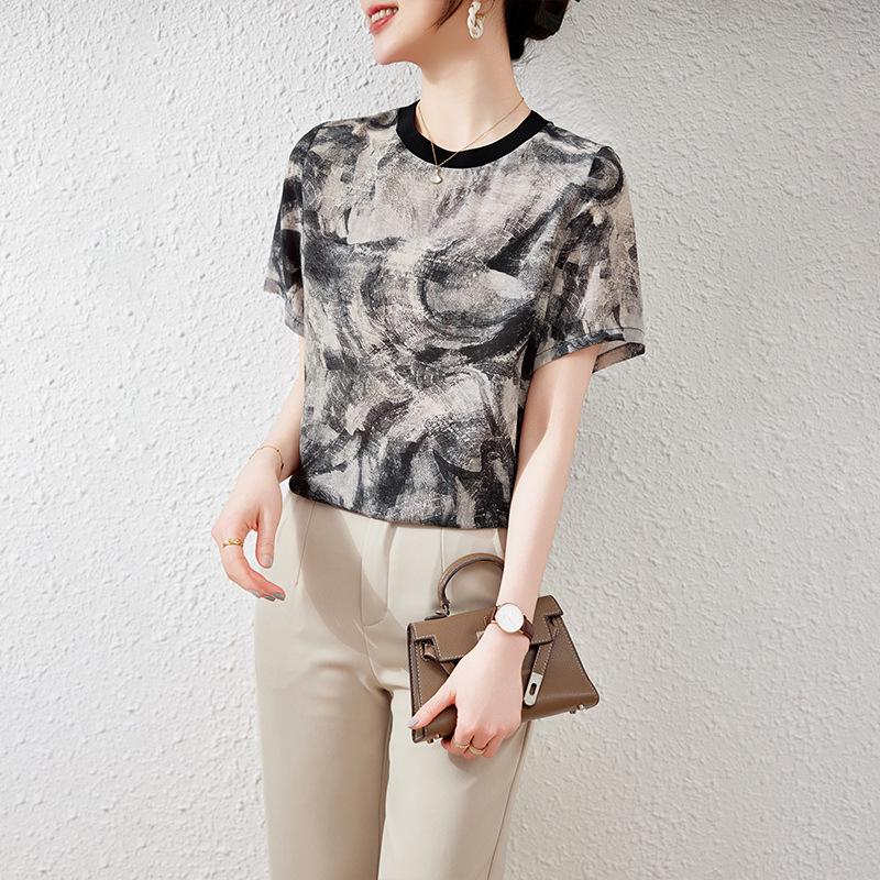 Женский модный топ 2025 с градиентом, круглым вырезом, из шелка тутового дерева - Дизайн из двойного крепа высокого класса, с коротким рукавом