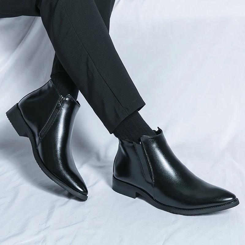 Классические мужские ботинки из цельного ПУ с высоким каблуком и заостренным носком на молнии, деловые формальные ботинки, удобные, нескользящие, классические, простые мужские ботинки