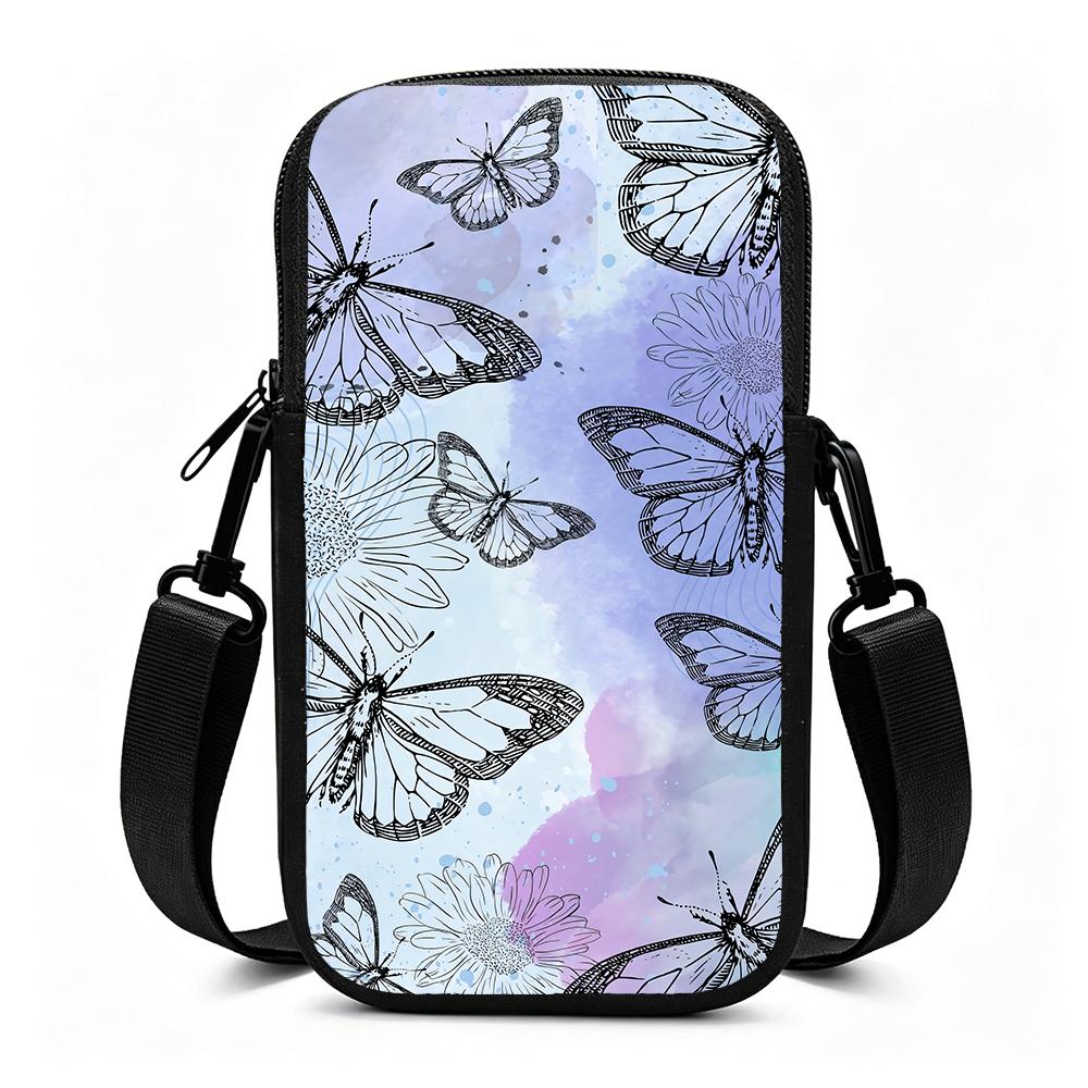 Watercolor Butterfly Floral Print Crossbody Phone Bag, Aesthetic Flower Pattern Mini Cell Phone Sling Pouch, Lightweight Shoulder Purse Gifts for Wome