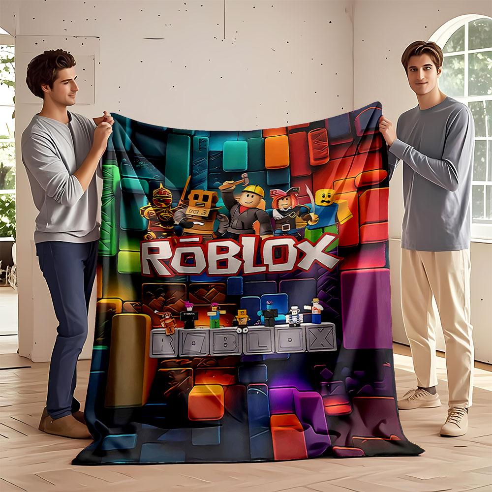 Colorful 3D blocks with Roblox characters and logo in the foreground. for all seasons blanket lunch break throw gift