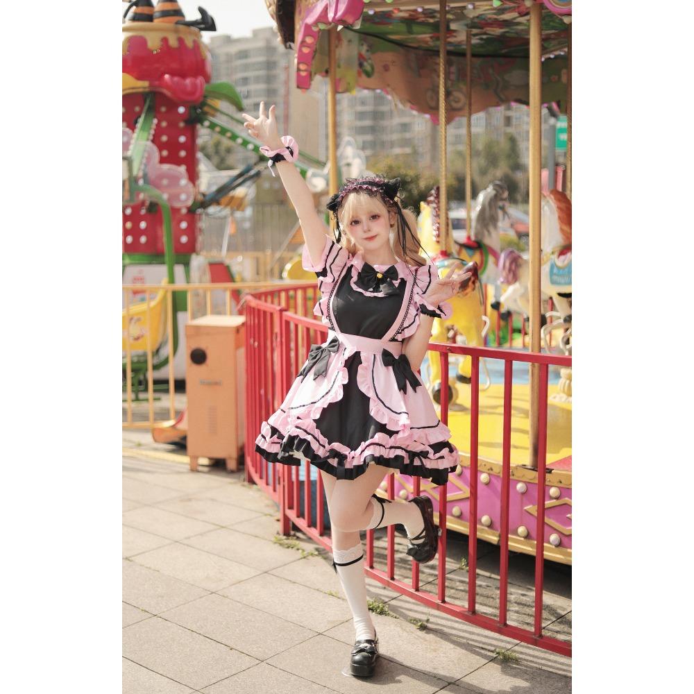 Новый костюм горничной Black Pink Cos Милая девушка Милый кот Бант Мягкий костюм Юбка