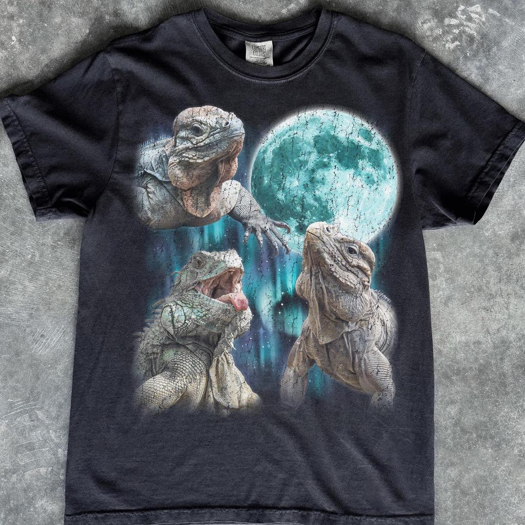 Three Rhino Iguana Shirt, Howling at Moon Lizard Graphic Tee, Reptile Lover Gift, Starry Night Animal Shirt