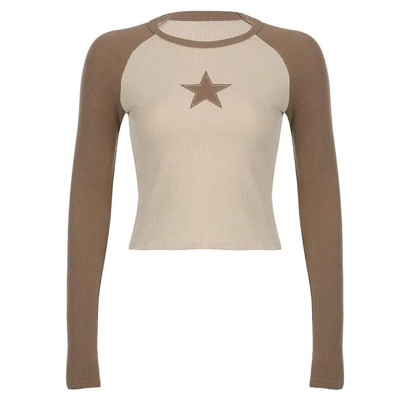 Y2K звезда наклейка уличная пикантная девушка личность топ контрастный цвет круглый вырез с длинными рукавами женская футболка