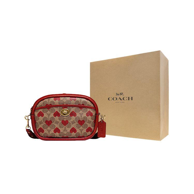 Coach Classic Monogram Turnlock Canvas And Leather Camera Bag Women Shoulder Bag Brown Red C8390-B4P22