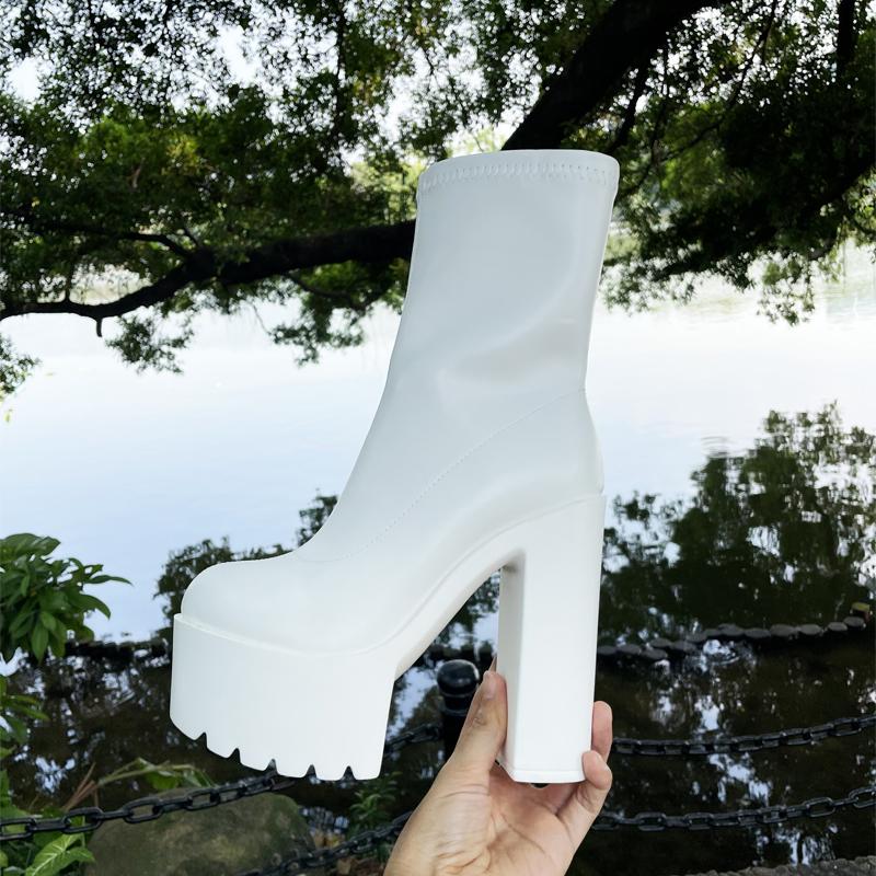 Ботинки на массивном носке на высоком каблуке, женские туфли на платформе, в готическом стиле, черные, из искусственной кожи с боковой молнией, женские модельные туфли, ботинки до середины икры для ночного клуба, белые