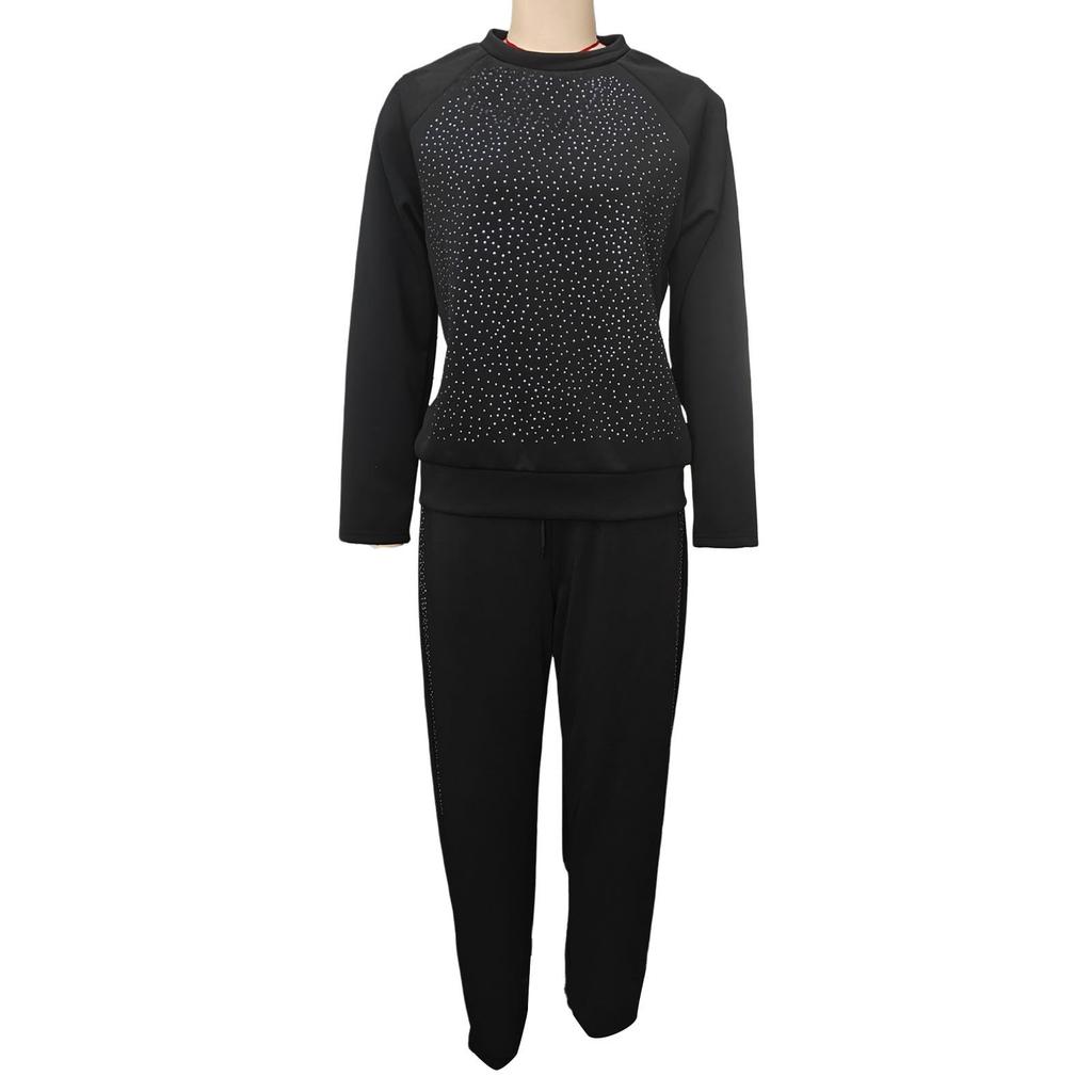 2 шт./комплект женский топ брюки костюм со стразами декор О-образный вырез длинные рукава пэчворк спортивный свитшот эластичный пояс брюки фитнес-наряд осень весна