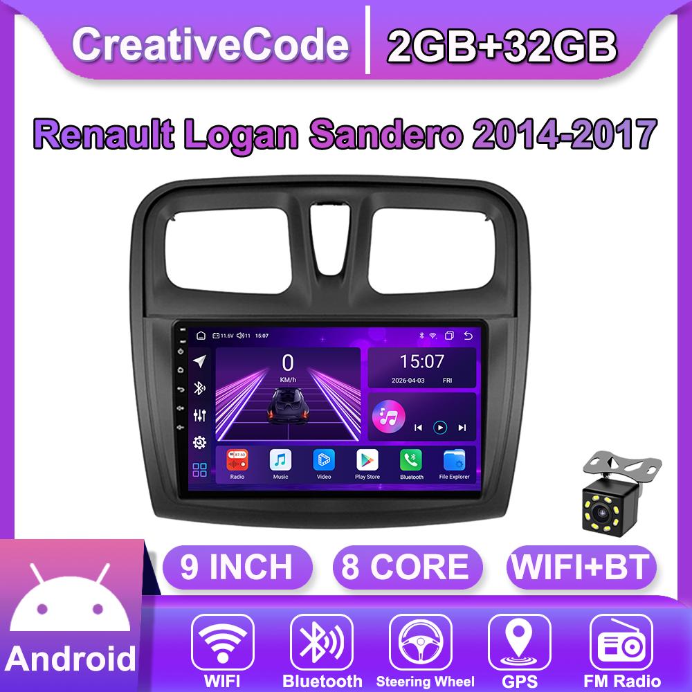Автомобильная магнитола Android Car-Play для Renault Logan Sandero 2014-2017 Мультимедийный плеер Головное устройство Стерео Навигация GPS BT WIFI, 8 ЯДЕР ,2+32ГБ