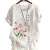 Womens Linen Cotton Casual Tee with 6 Colorful Floral Print Patterns, Round Neck, Short Sleeves S-5XL