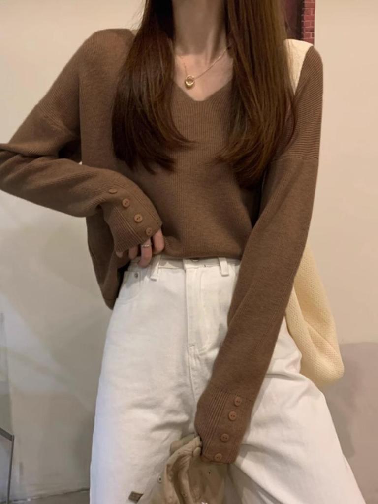 2025 Early Autumn V-Neck Loose Pullover Sweater for Women