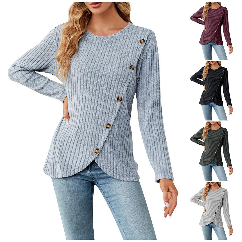Женский модный сексуальный удобный пуловер с круглым вырезом для отдыха, длинный рукав и пуговицы с разрезом по краю