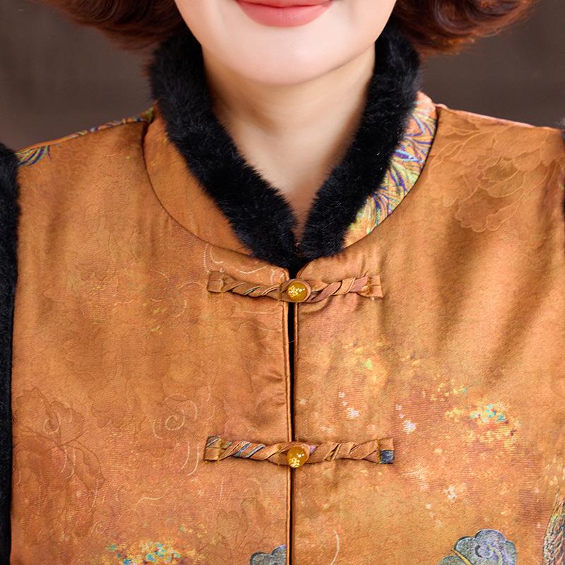 Новый зимний жилет в китайском стиле: Золотой велюровый комплект из 3 предметов для женщин среднего возраста