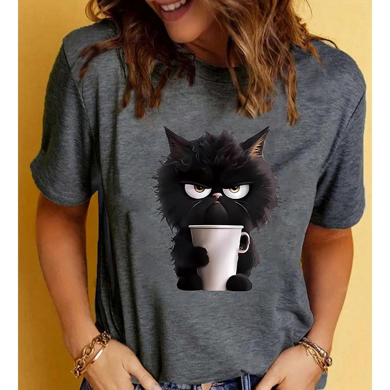 Модная женская футболка с милым принтом кота, забавная повседневная футболка с круглым вырезом и короткими рукавами, летняя женская футболка