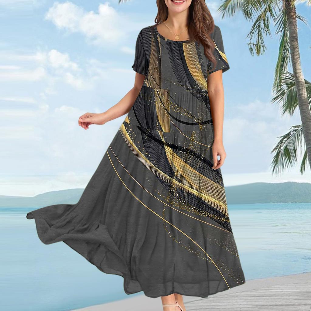 Женское повседневное свободное богемное платье с цветочным принтом, длинное макси-платье с коротким рукавом, летнее пляжное платье-качели