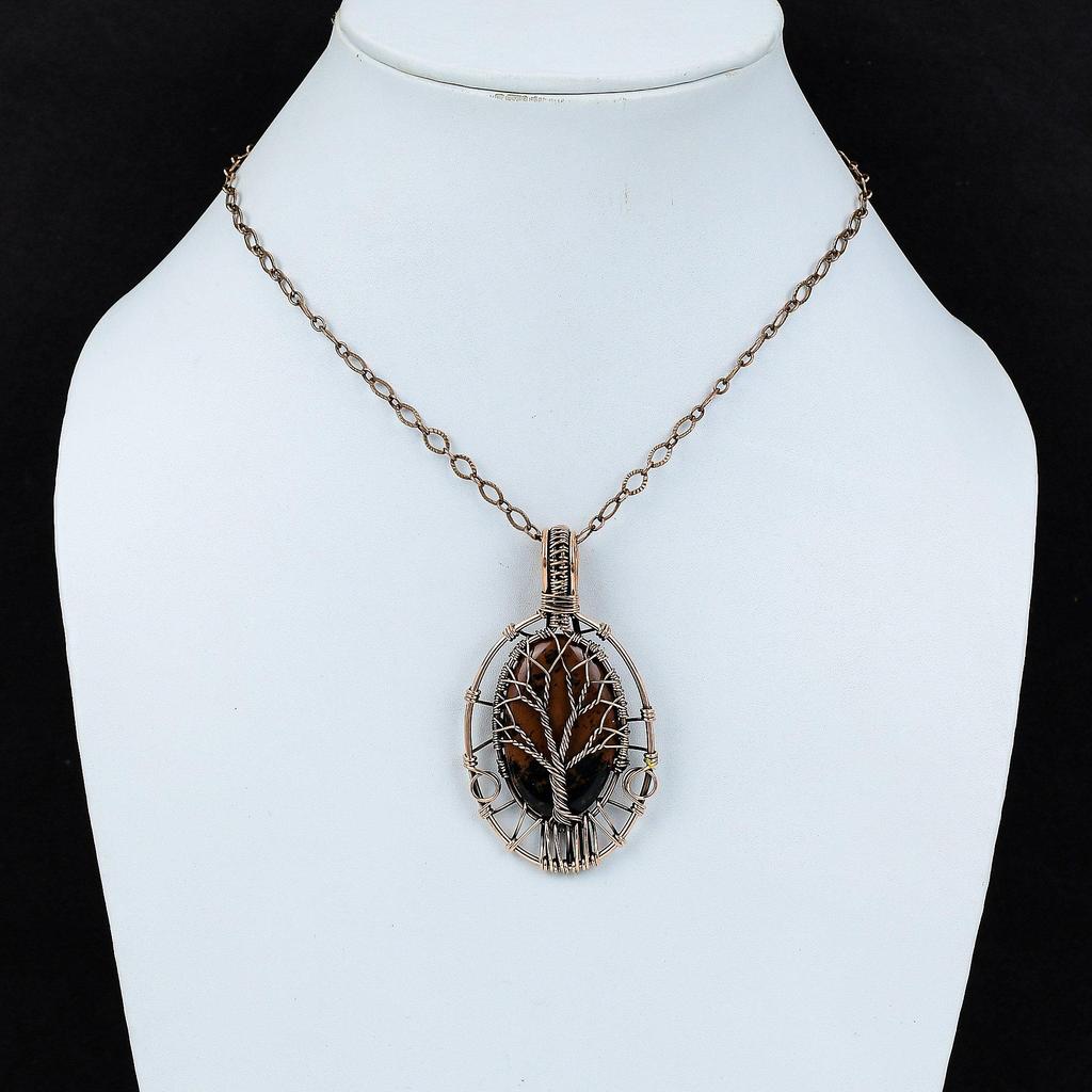 Подвеска из красного дерева и обсидиана «Дерево жизни», подвеска из медной проволоки, подвеска из драгоценных камней, подвеска из медной проволоки, ювелирное изделие ручной работы, подарок для нее