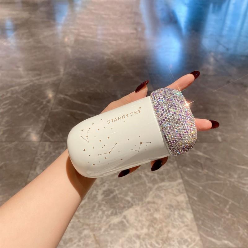 Compact Korean-Style Stainless Steel Insulated Travel Mug With Rhinestone Decor 304 Food-Grade Cup Office Car Or On-the-Go