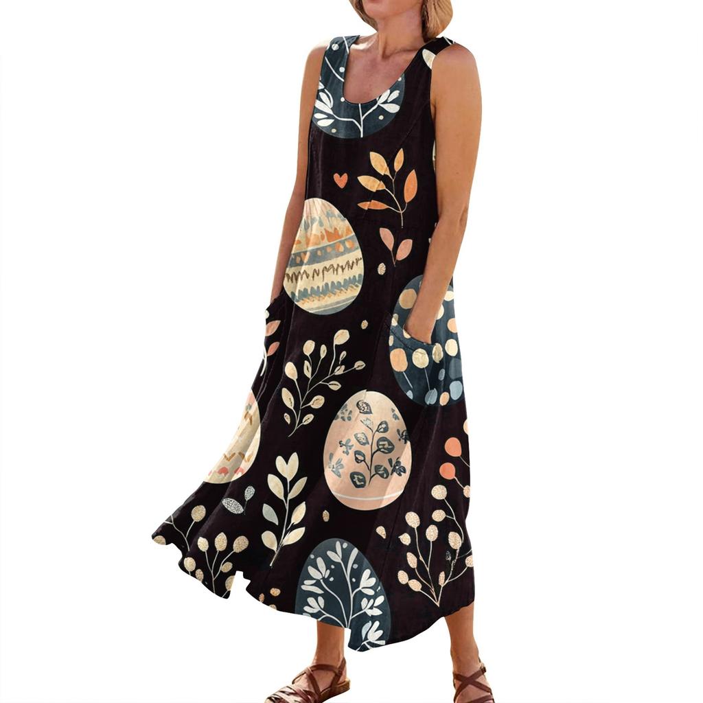 Women's Summer Casual Fashion Easter Printed Sleeveless Round Neck Pocket Dress