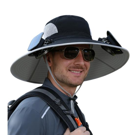 Fisherman Hat, Outdoor Sun Hat with Dual Power Solar USB Rechargeable Fan, Wide Brim Sun Protection Hat for Fishing Camping Hiking Gardening