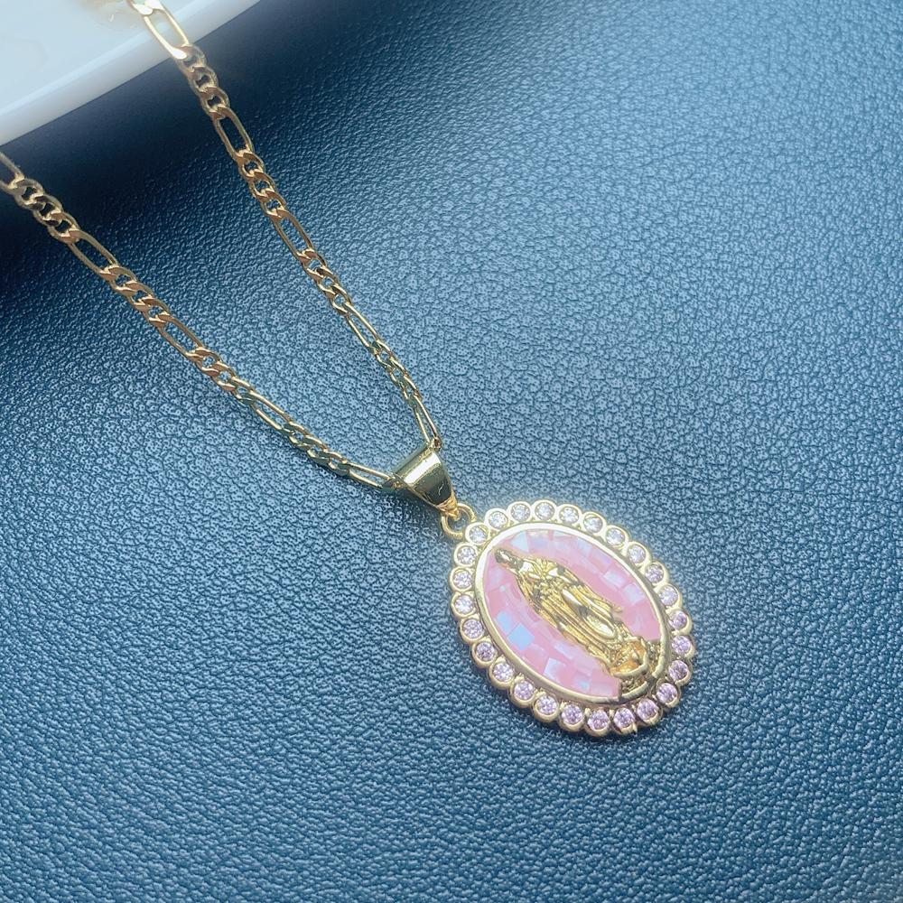 Our Lady of Guadalupe Virgin Necklaces for Women Figaro Chain Zircon Blue Green Pink Shell Pendant Holy Religion Jewelry