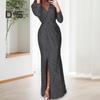 Women Evening Dress Deep V Neck Sequin Decor Long Sleeves Elastic Waist Pleated Split Hem Solid Color Formal Occasions Wedding Party Prom Maxi Dress
