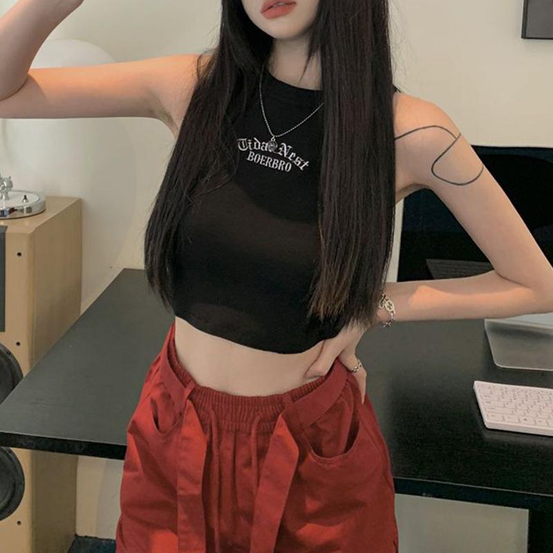 Women Streetwear Y2k Letter Stitch Embroidery Tank Top with Pad Sexy Sleeveless Sporty Crop Top