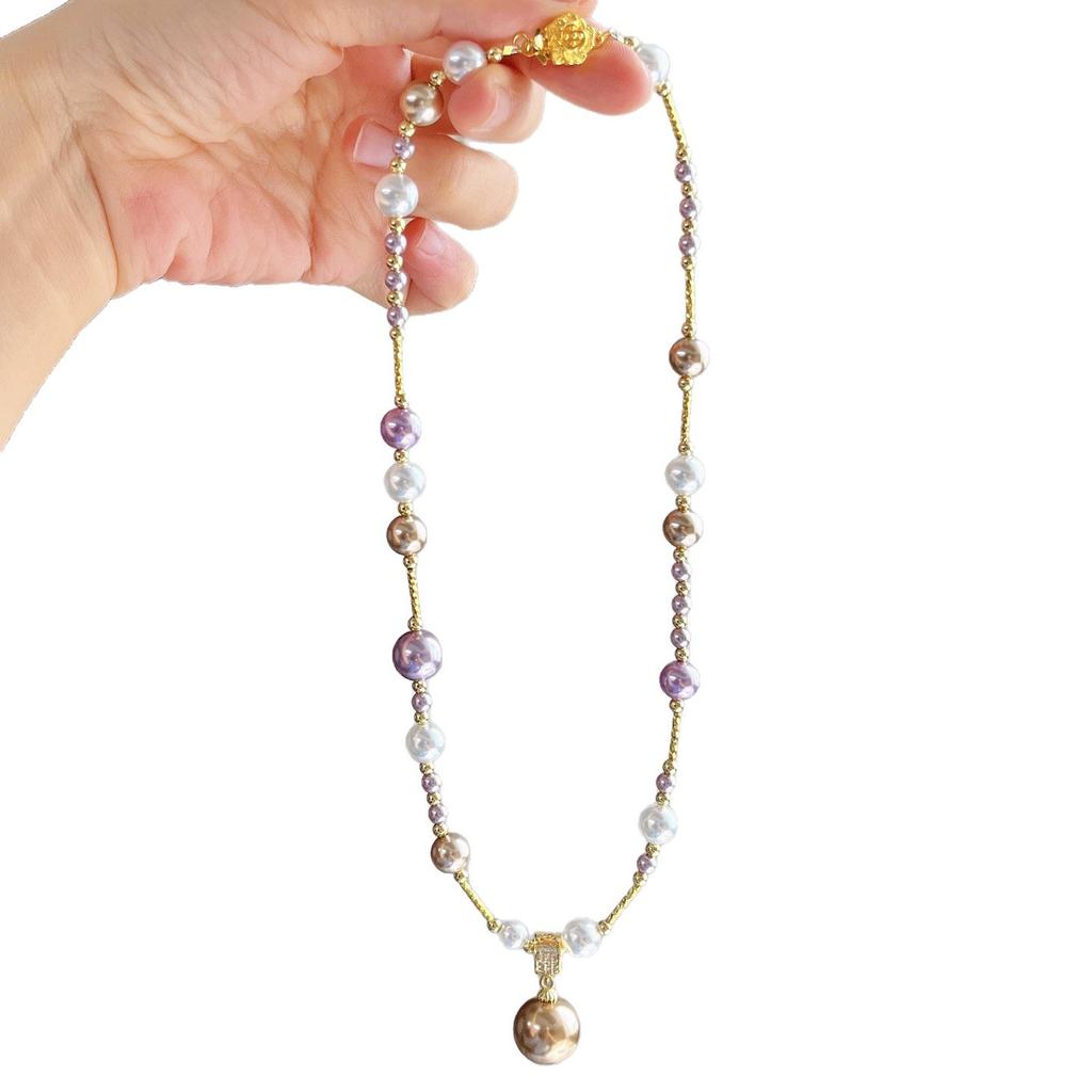 10Mm Autumn And Winter High-Gloss Mixed-Color Artificial Crystal Pearl Design Necklace Collarbone Chain Pendant
