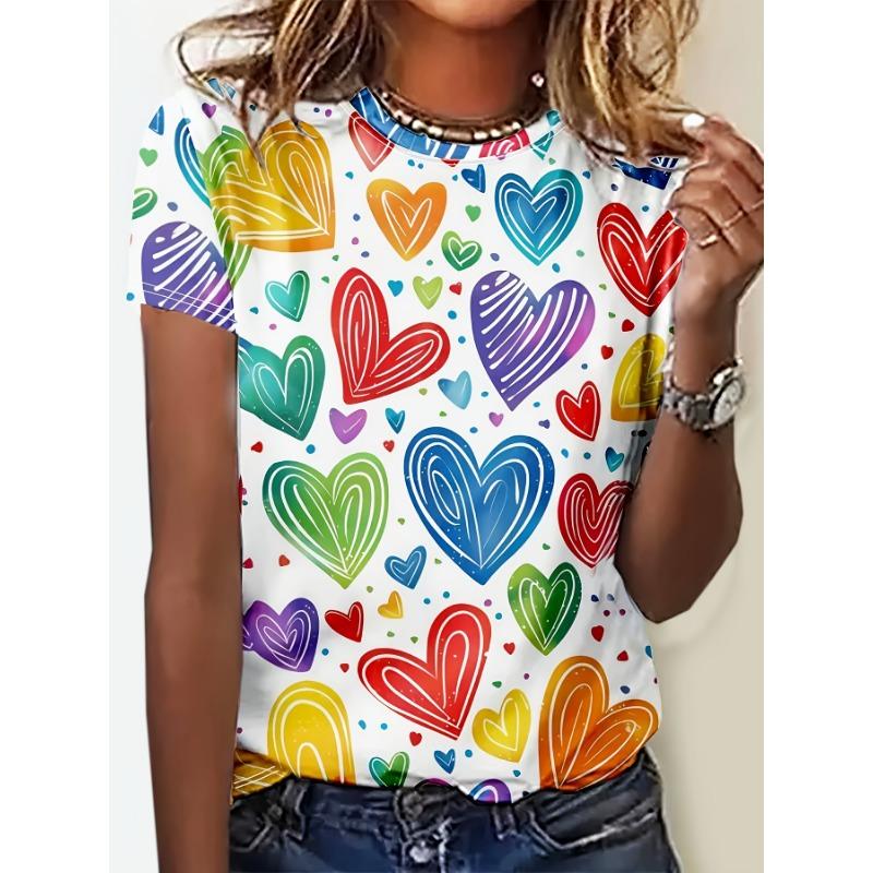 Valentine's Day Women's T-Shirt Love Heart Print Summer O Neck Short Sleeve Top Outdoor Casual T-Shirt Female Oversized Clothing