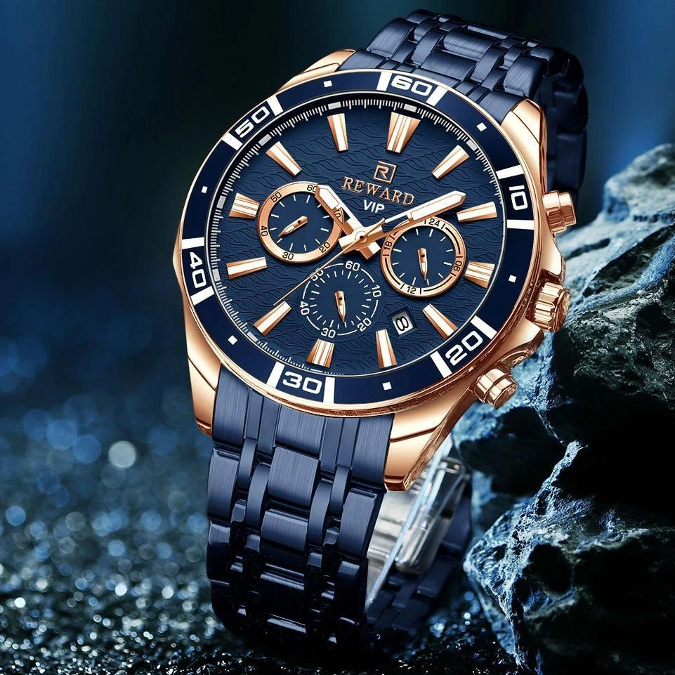 Mens Chronograph Watch Stainless Steel Waterproof Luminous Quartz Wristwatch with Date Window