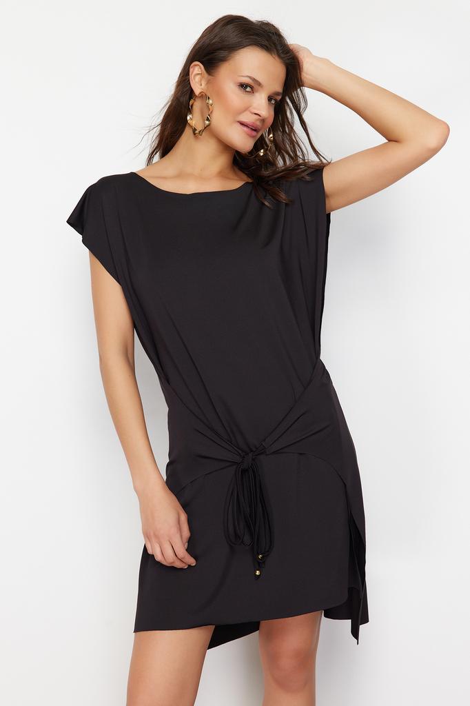 Women's Fashion New Dress Black Mini Knitted Tie Beach Dress