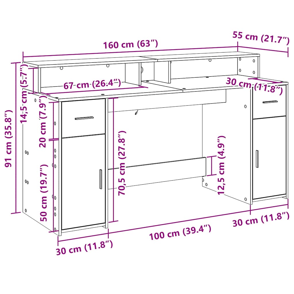 LED Desk Concrete Grey 160 x 55 x 91 cm Particleboard