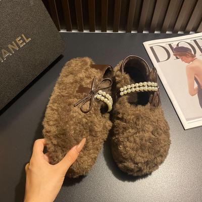 Осень-зима 2025 новая обувь два в одном с жемчужным бантом, пушистые туфли женские, круглый носок, шлепанцы-однопедальки, ленивая обувь