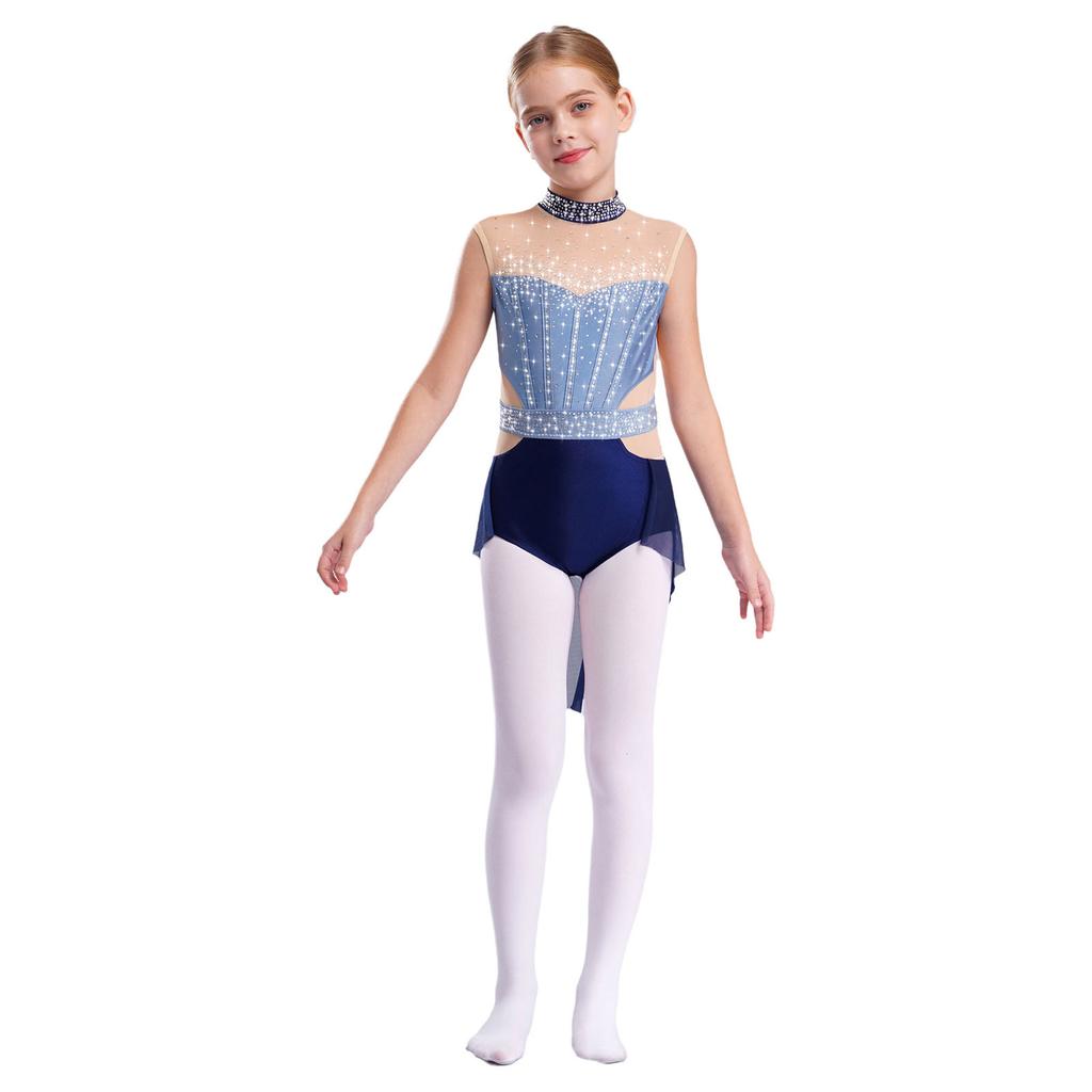 Kids Girls Ballet Gymnastics Dress Rhinestones Mesh Skirted Leotard Figure Ice Skating Jersey Lyrical Dance Performance Costume