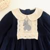 Girls Long Sleeve Dress Rabbit Embroidery Peter Pan Collar Navy Blue Princess