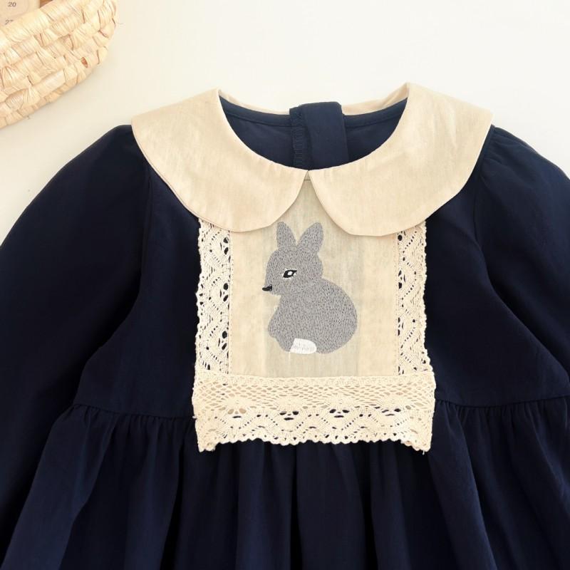 Girls Long Sleeve Dress Rabbit Embroidery Peter Pan Collar Navy Blue Princess