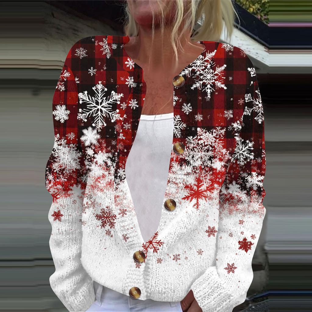 Женская мода рождественский принт длинный рукав вязаный кардиган пуховик