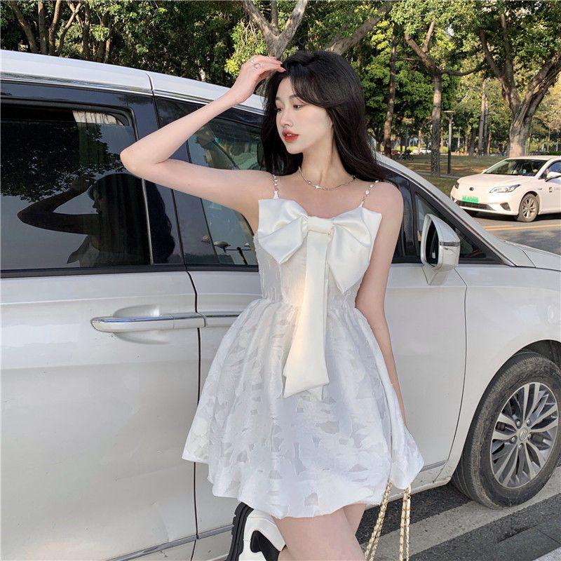 Sweet Kawaii белое платье-комбинация женское корейское модное Kpop дизайнерское вечернее мини-короткое платье на бретельках с бантом наряды