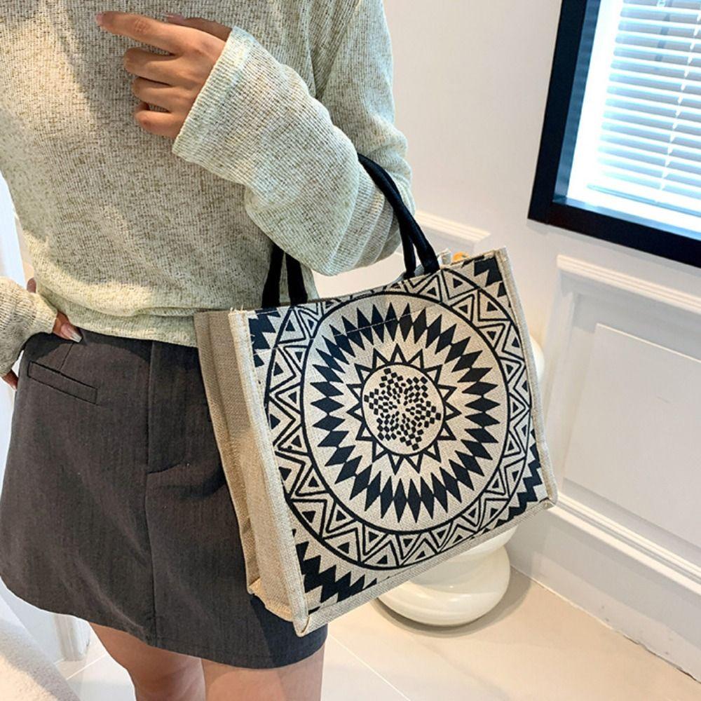 Tote Bag Ethnic Style Handbag Canvas Embroidery Shoulder Bag Geometric Cloth Bag Storage Bag