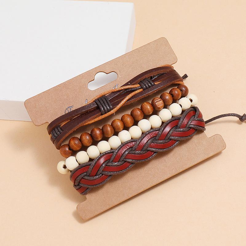 New Vintage Retro Braided Personality Leather Jewelry Simple Fashion 4 Pieces Set Unisex Wrap Geometric Bracelet
